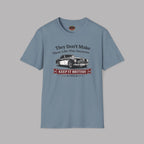 Storm blue t-shirt with a graphic of a classic car and text on a gray background