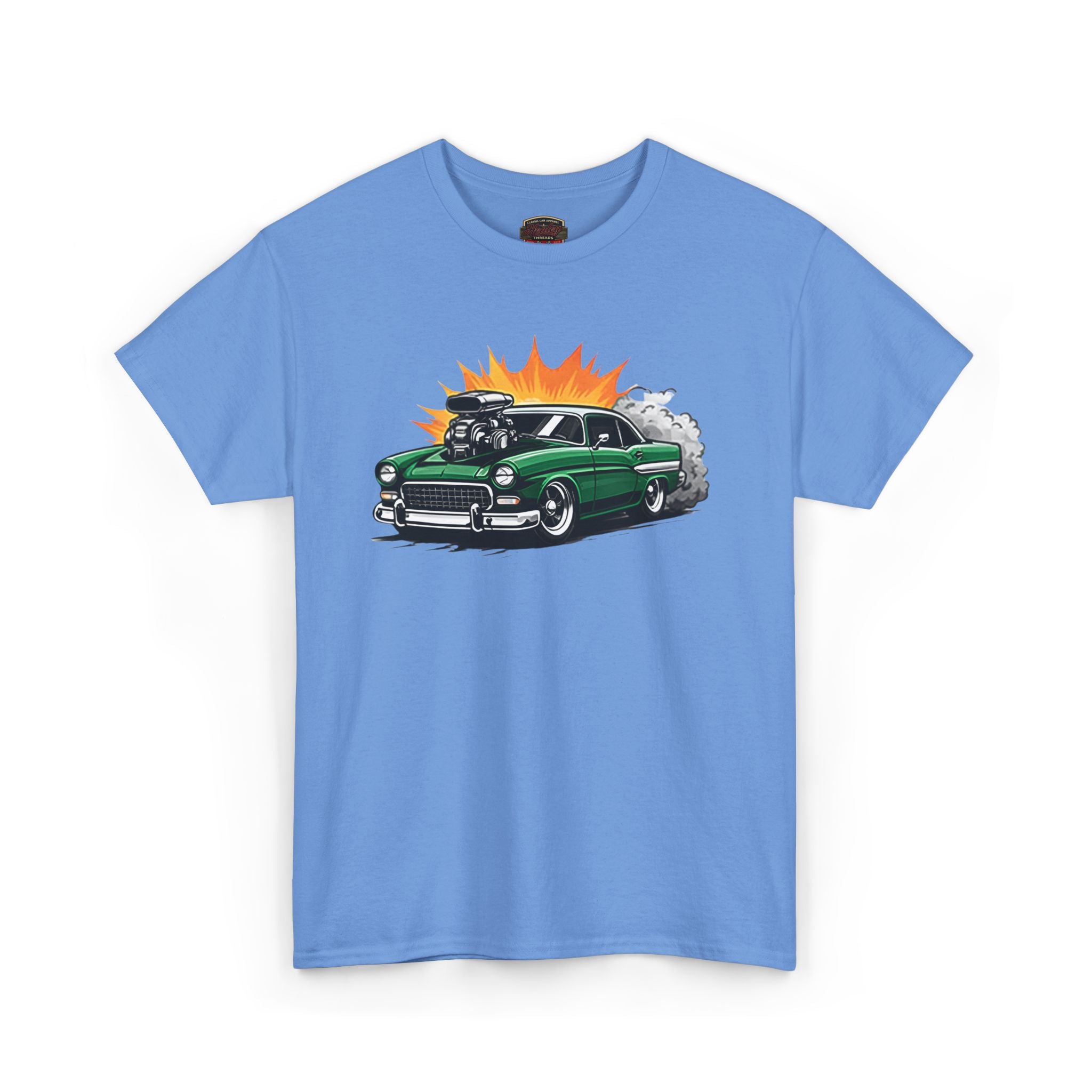 Blue t-shirt with a green car graphic on a white background