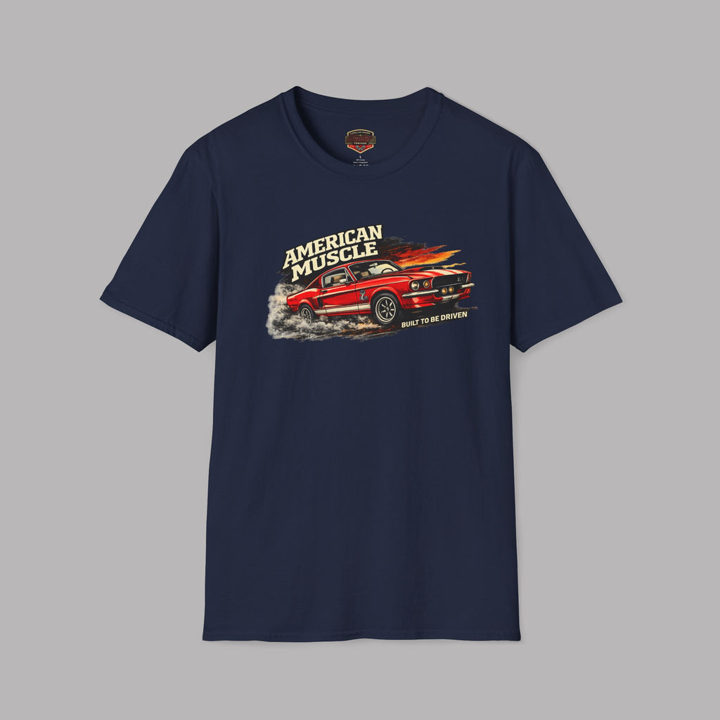 Navy blue t-shirt with red muscle car graphic and 'American Muscle' text on a gray background