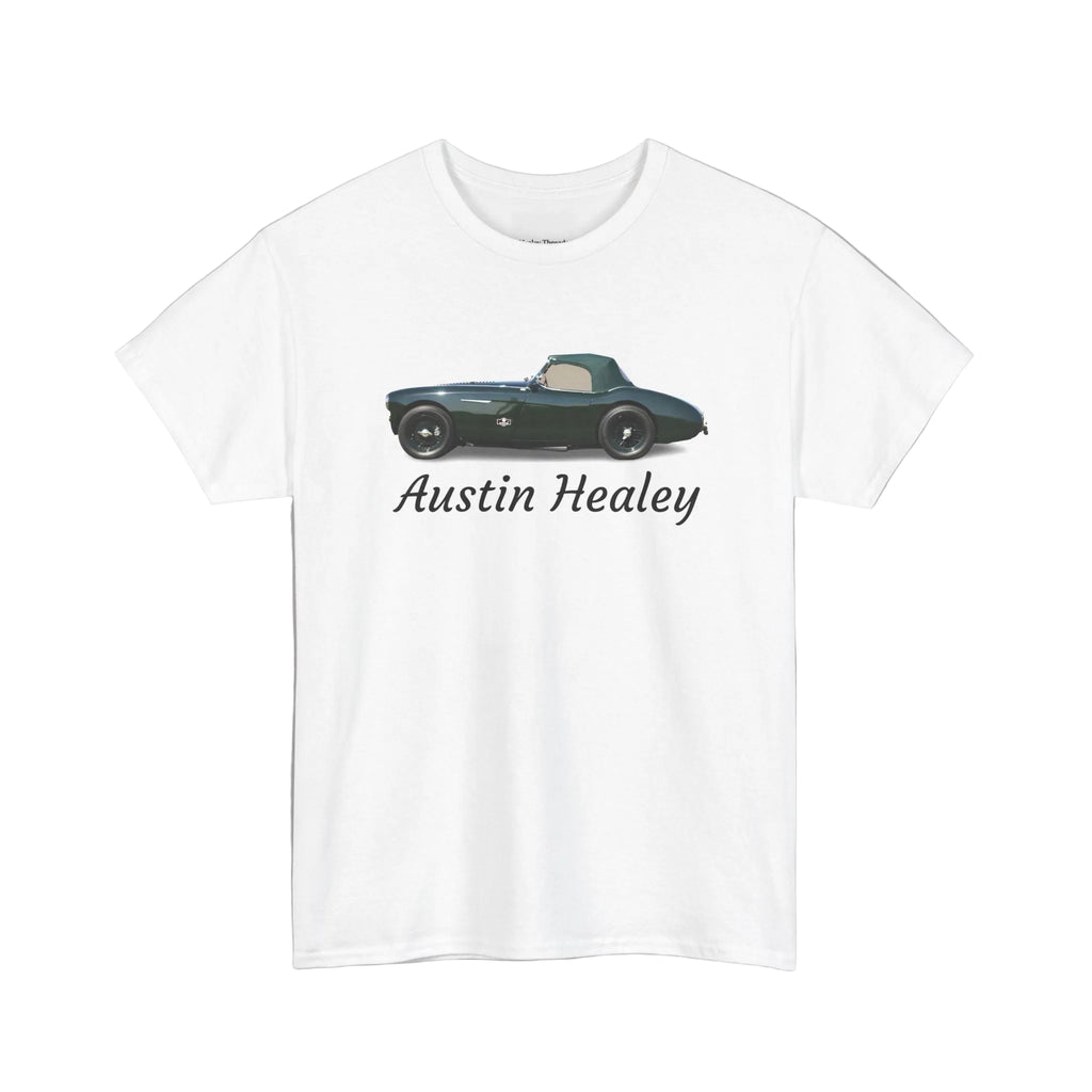 White t-shirt with Austin Healey car design on a white background