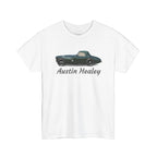 White t-shirt with Austin Healey car design on a white background