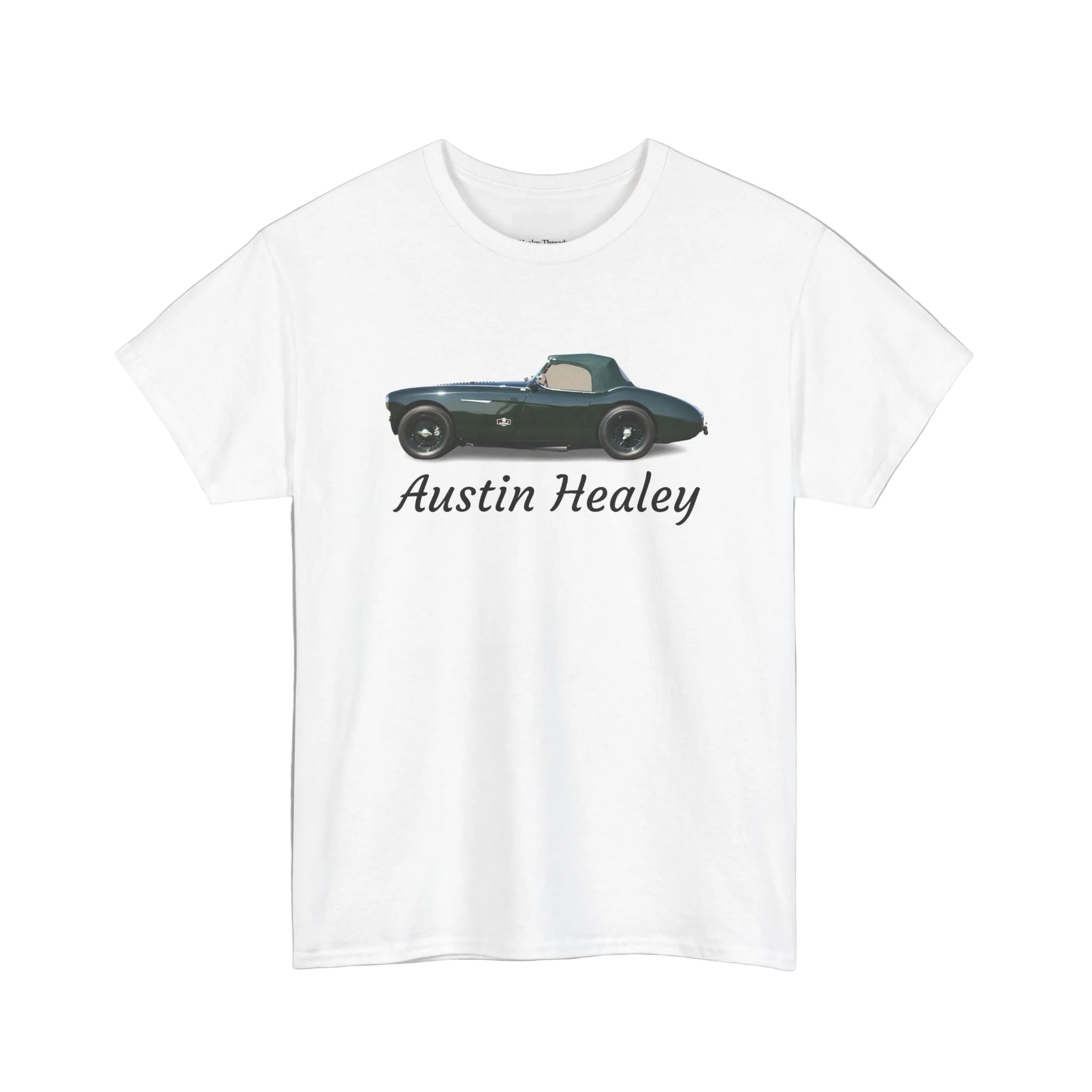 White t-shirt with Austin Healey car design on a white background