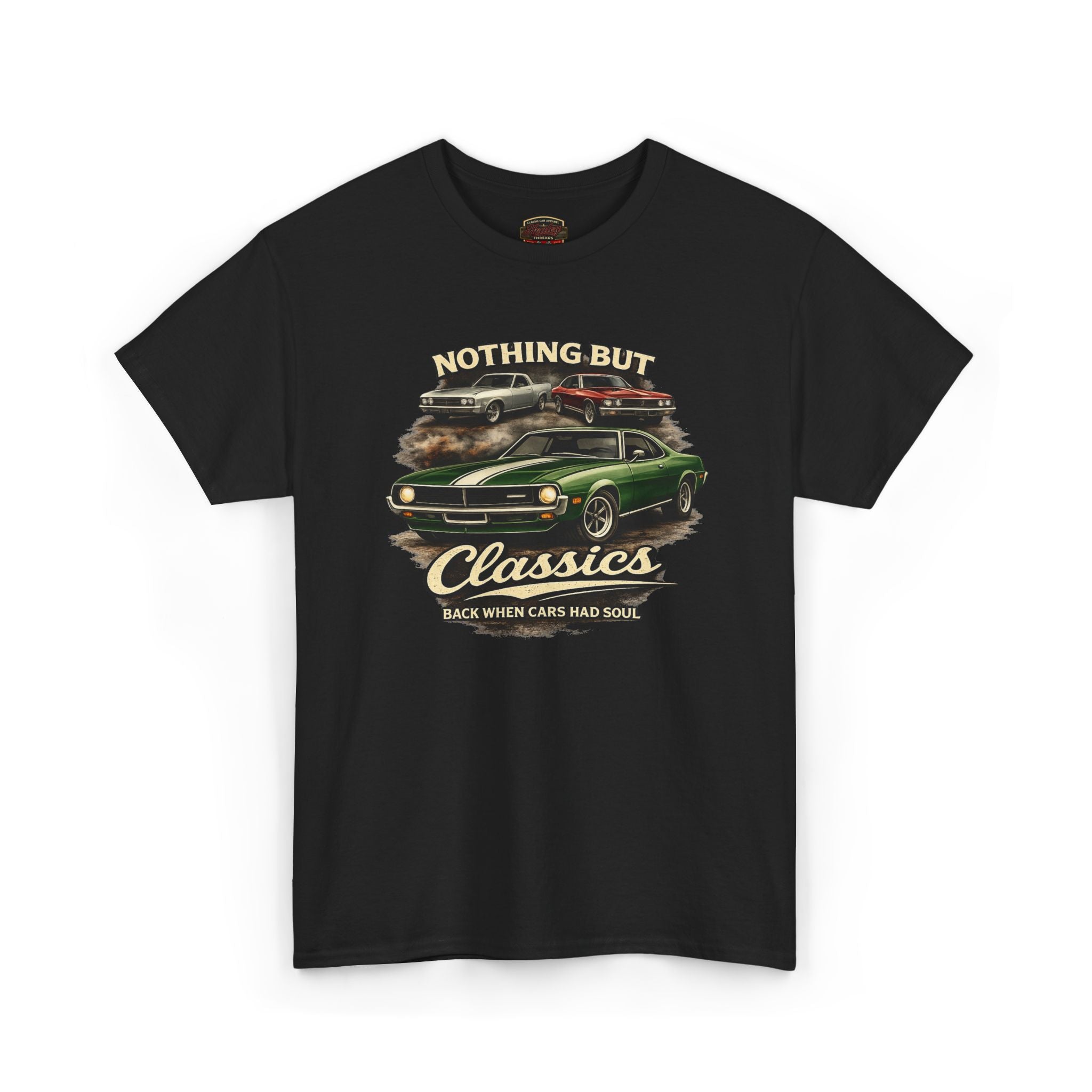 Black t-shirt with classic car graphic and text on a white background