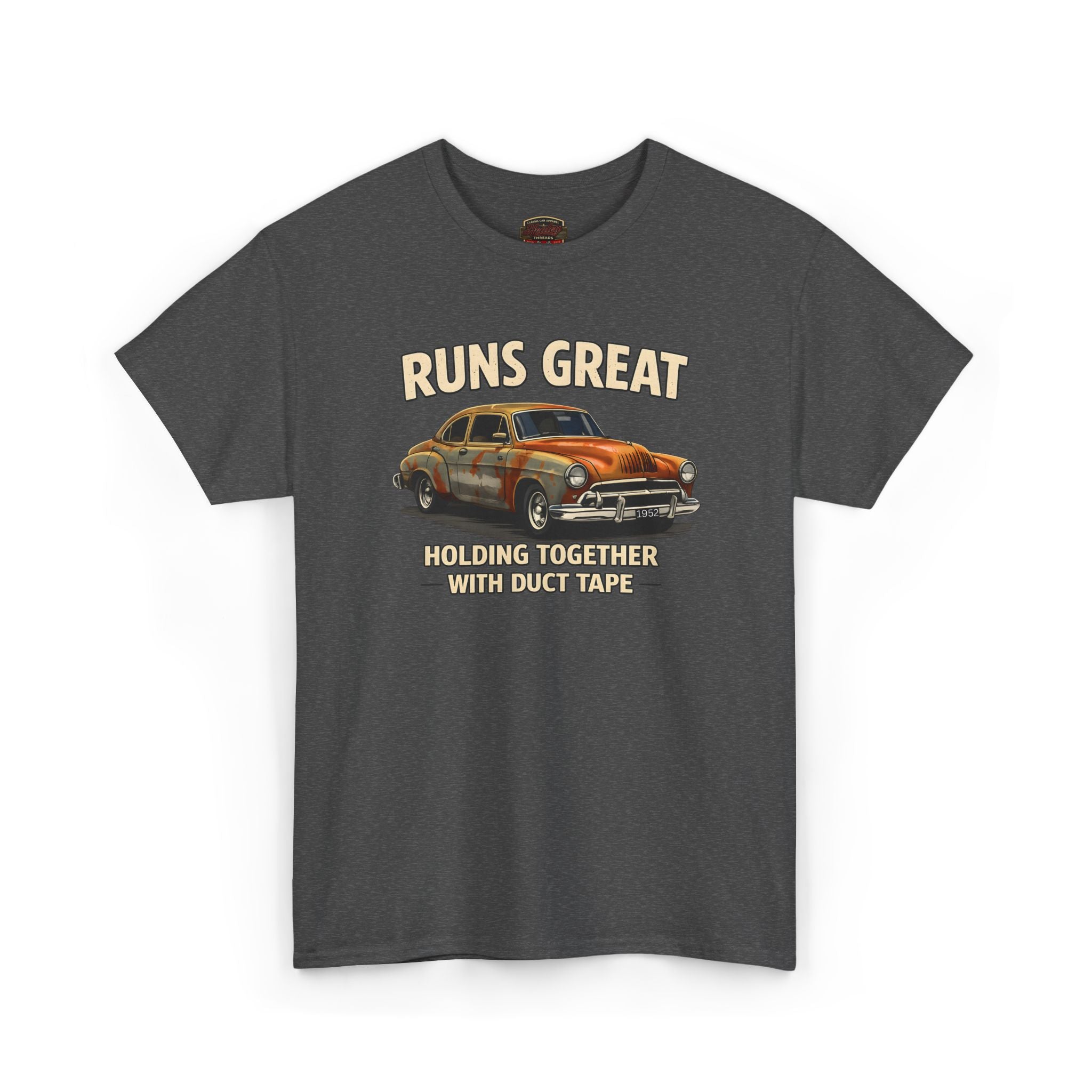 Gray t-shirt with a graphic of an old car and text on a white background