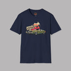 Navy blue t-shirt with 'American Muscle' graphic on a gray background