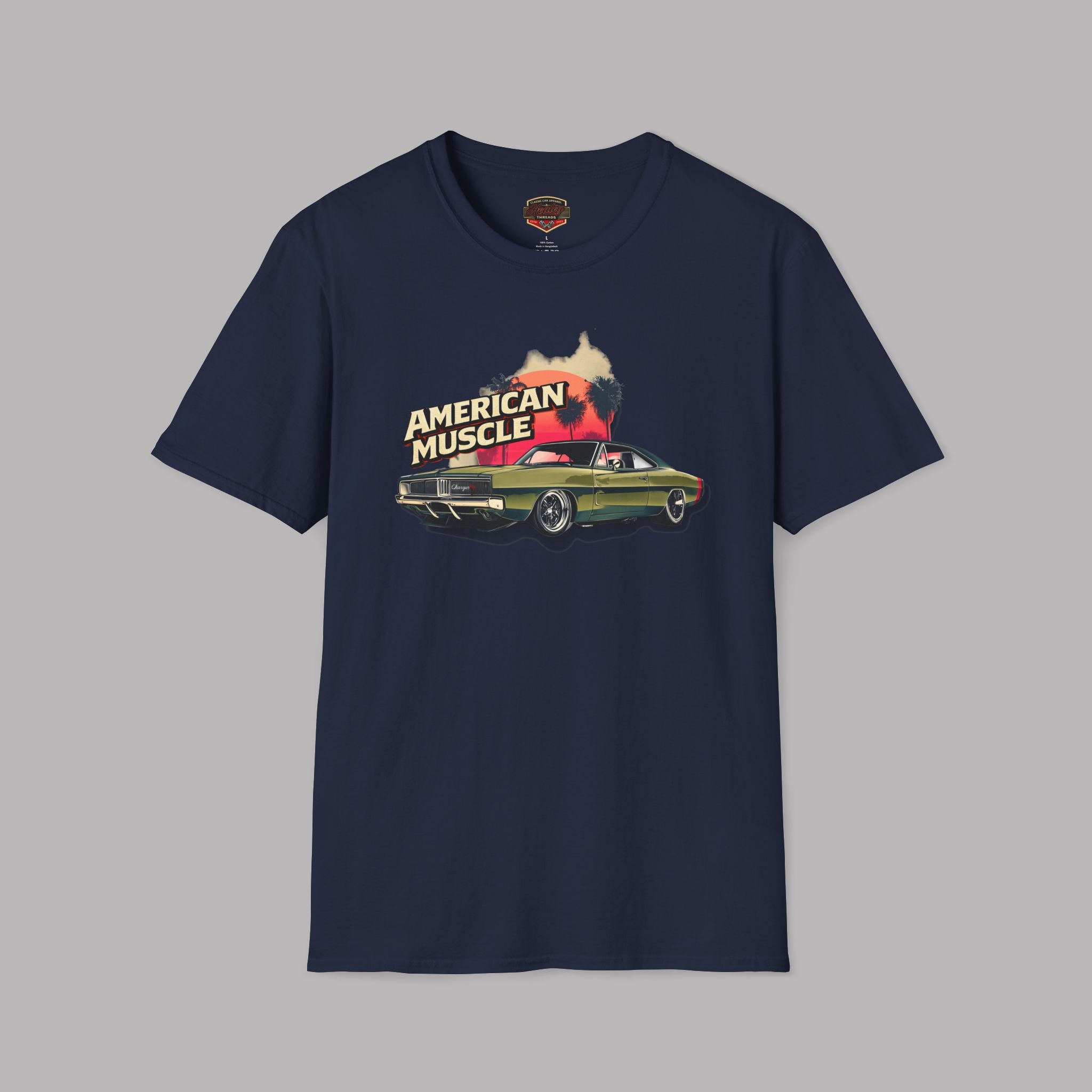 Navy blue t-shirt with 'American Muscle' graphic on a gray background