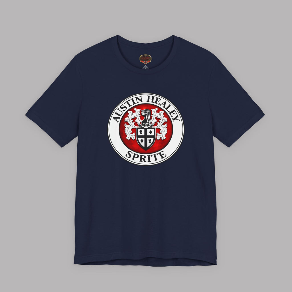 Navy blue t-shirt with Healey Sprite logo with black text on a gray background