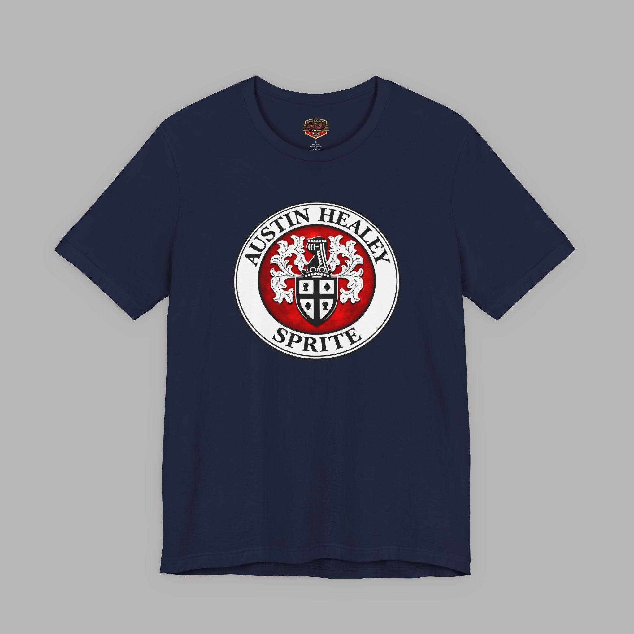 Navy blue t-shirt with Healey Sprite logo with black text on a gray background