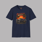Navy blue t-shirt with 'American Muscle' graphic design featuring a car and sunset on a gray background