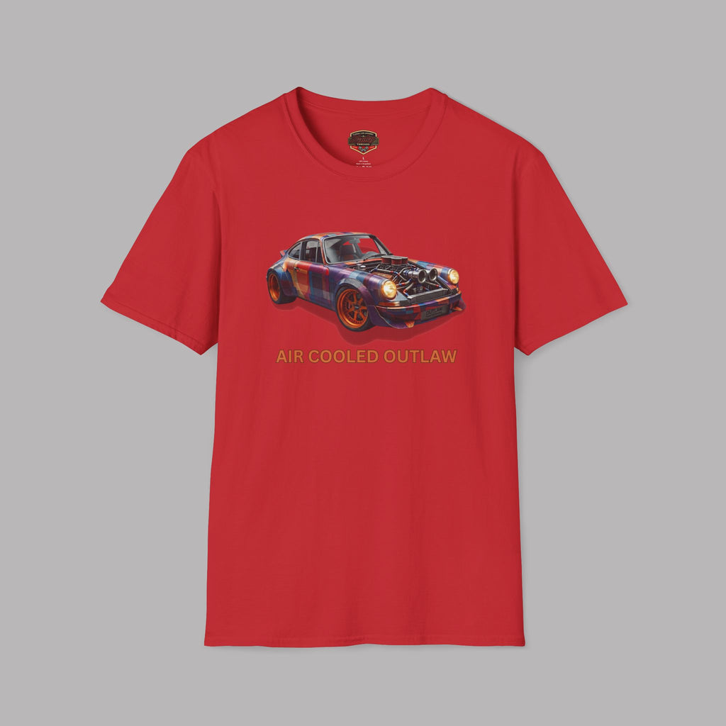 Red t-shirt with a car graphic and 'AIR COOLED OUTLAW' text on a gray background