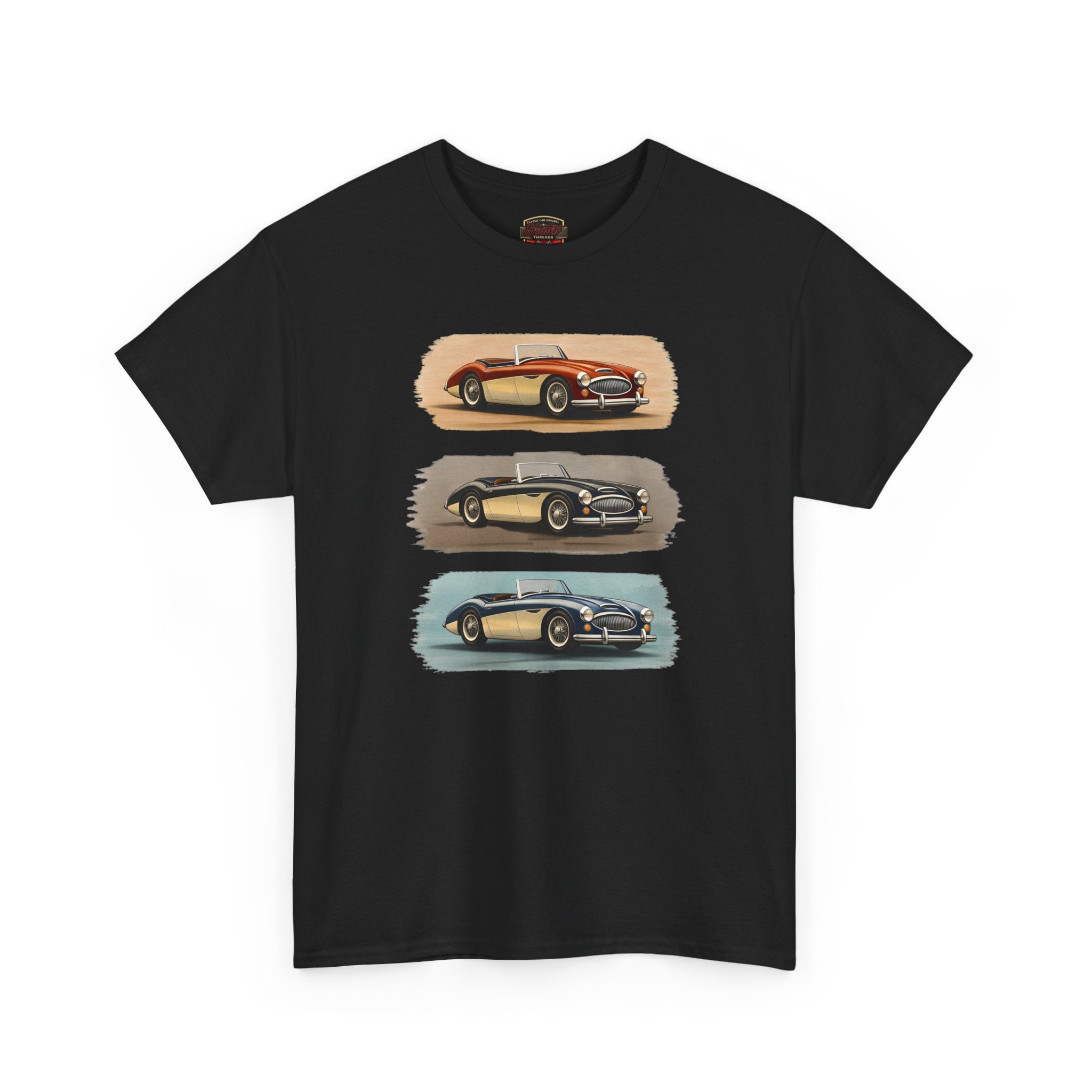 Black t-shirt with vintage Healey car graphic on a white background