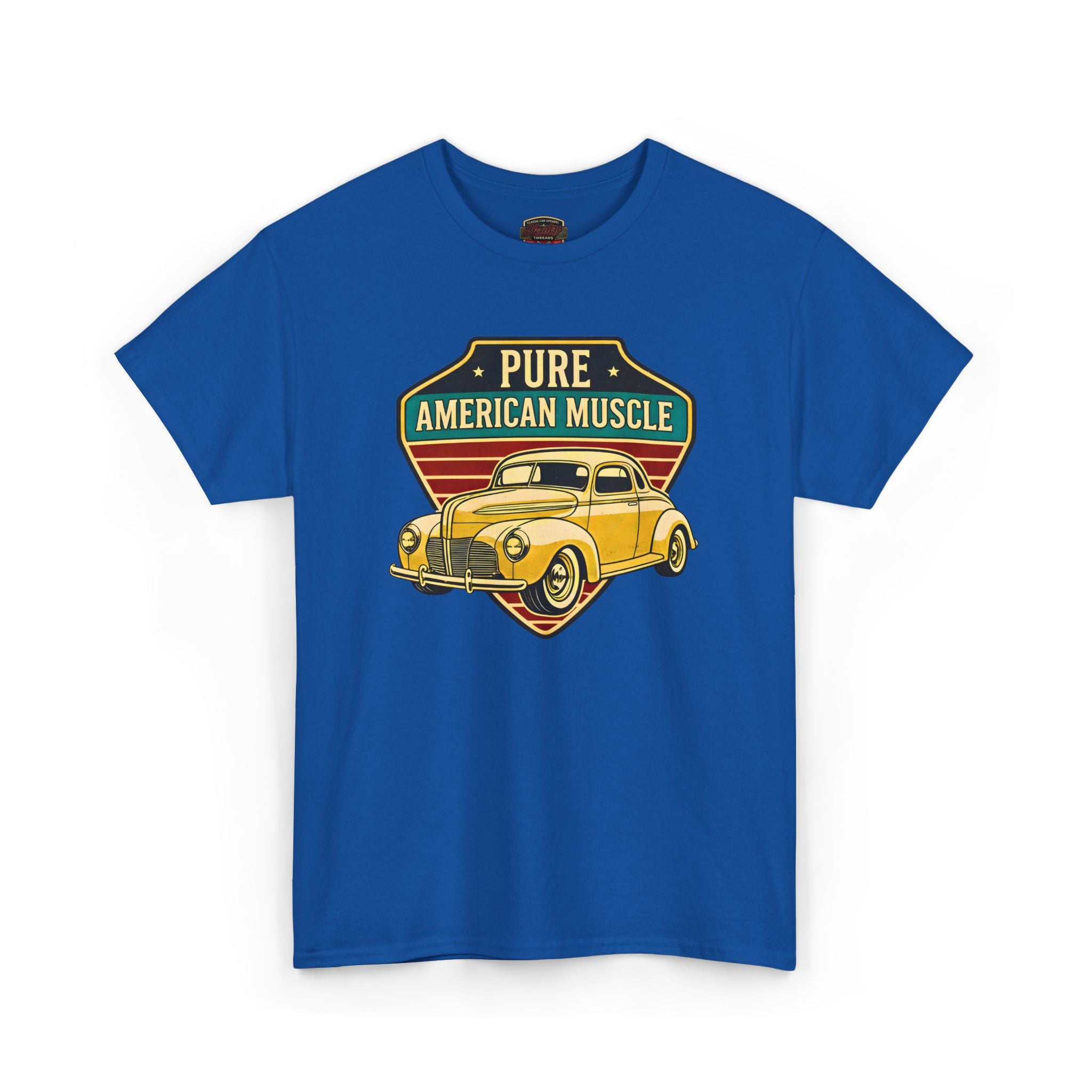 Royal blue t-shirt with a graphic of a yellow car and 'Pure American Muscle' text on a white background
