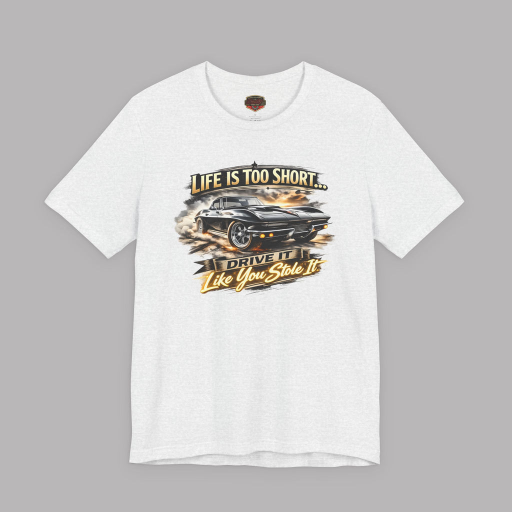 White t-shirt with a classic car graphic design and text on a gray background