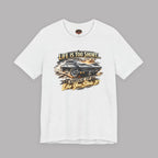 White t-shirt with a classic car graphic design and text on a gray background
