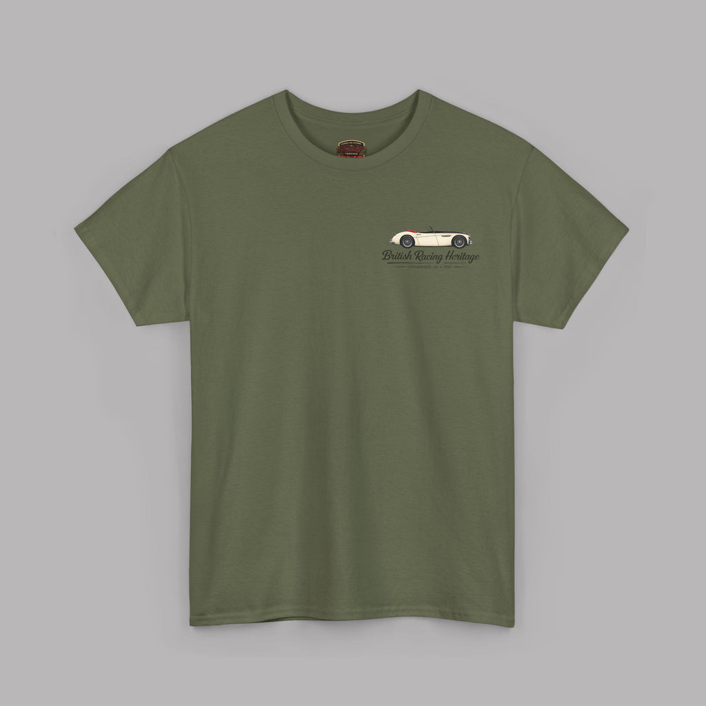 Front of a military green t-shirt with a Healey classic car graphic design on a gray background