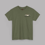 Front of a military green t-shirt with a Healey classic car graphic design on a gray background