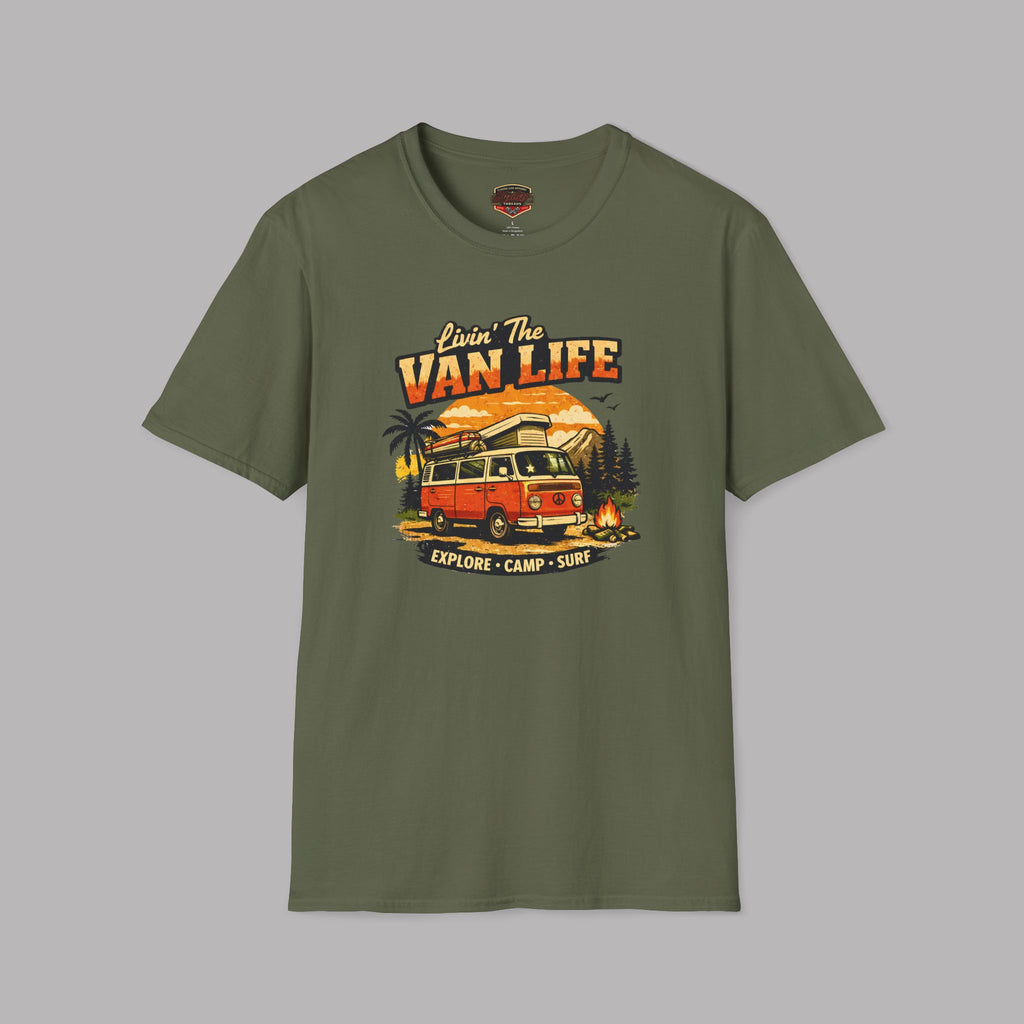 Military green t-shirt with 'Van Life' graphic design on a gray background