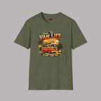 Military green t-shirt with 'Van Life' graphic design on a gray background