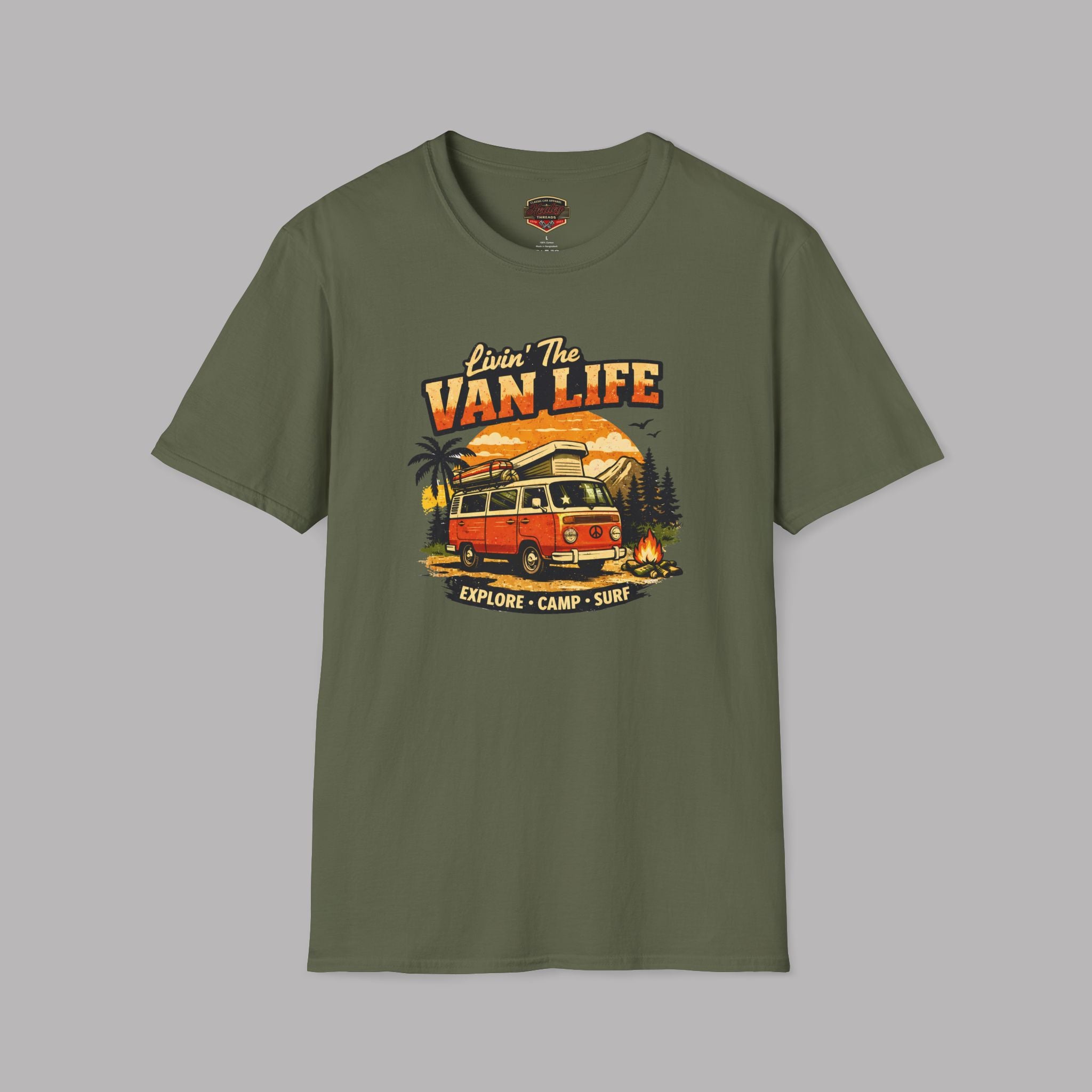 Military green t-shirt with 'Van Life' graphic design on a gray background