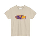 Beige t-shirt with a yellow and purple car graphic on a wite background