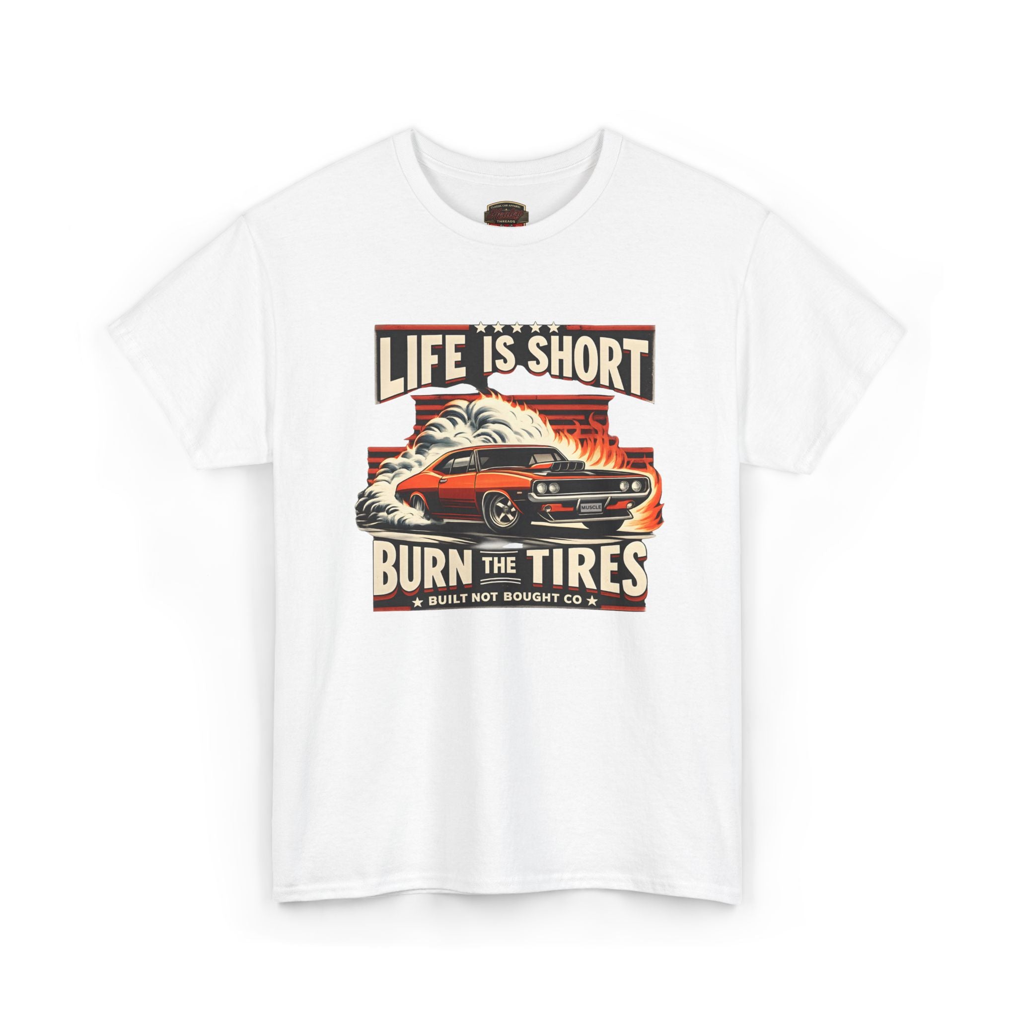 White t-shirt with a graphic design featuring a car and text on a white background