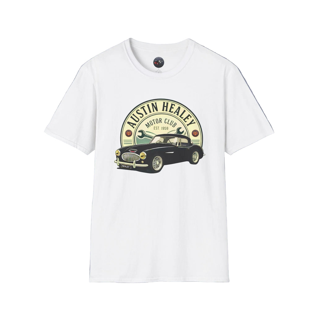 White t-shirt with Austin Healey graphic on a white background