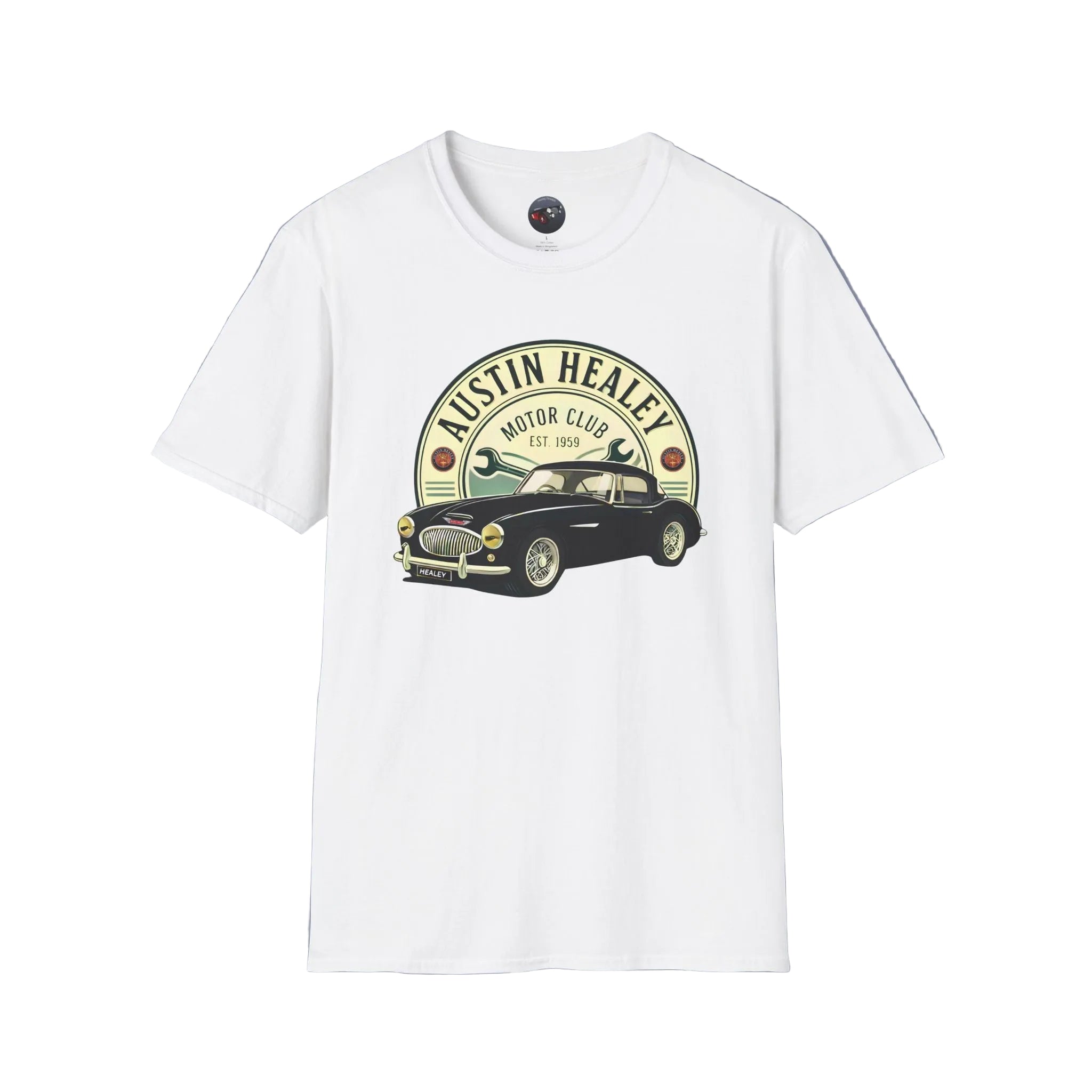 White t-shirt with Austin Healey graphic on a white background