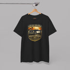 Black t-shirt with a graphic car design on a hanger against a gray background
