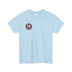 Light blue t-shirt with a red and white logo on a white background