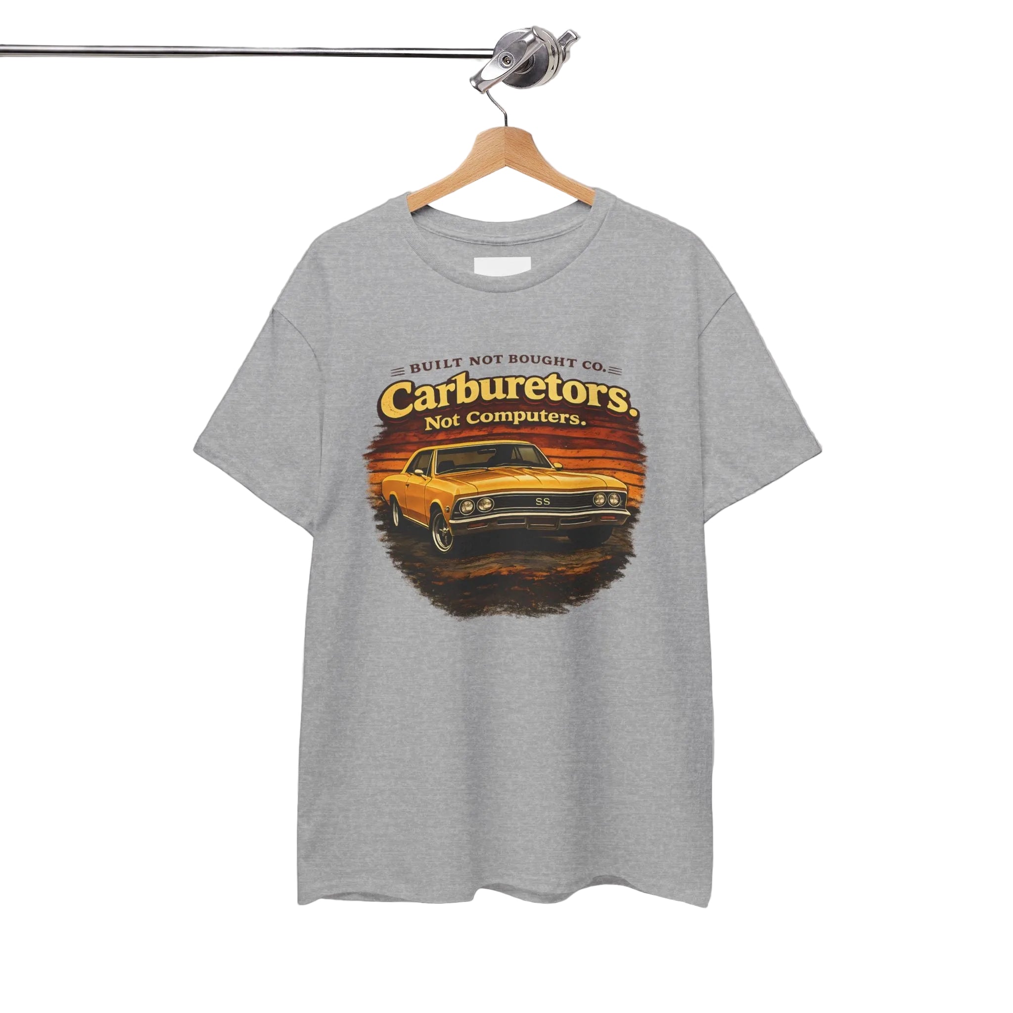 Gray t-shirt with a graphic design of a car and text on a hanger against a white background