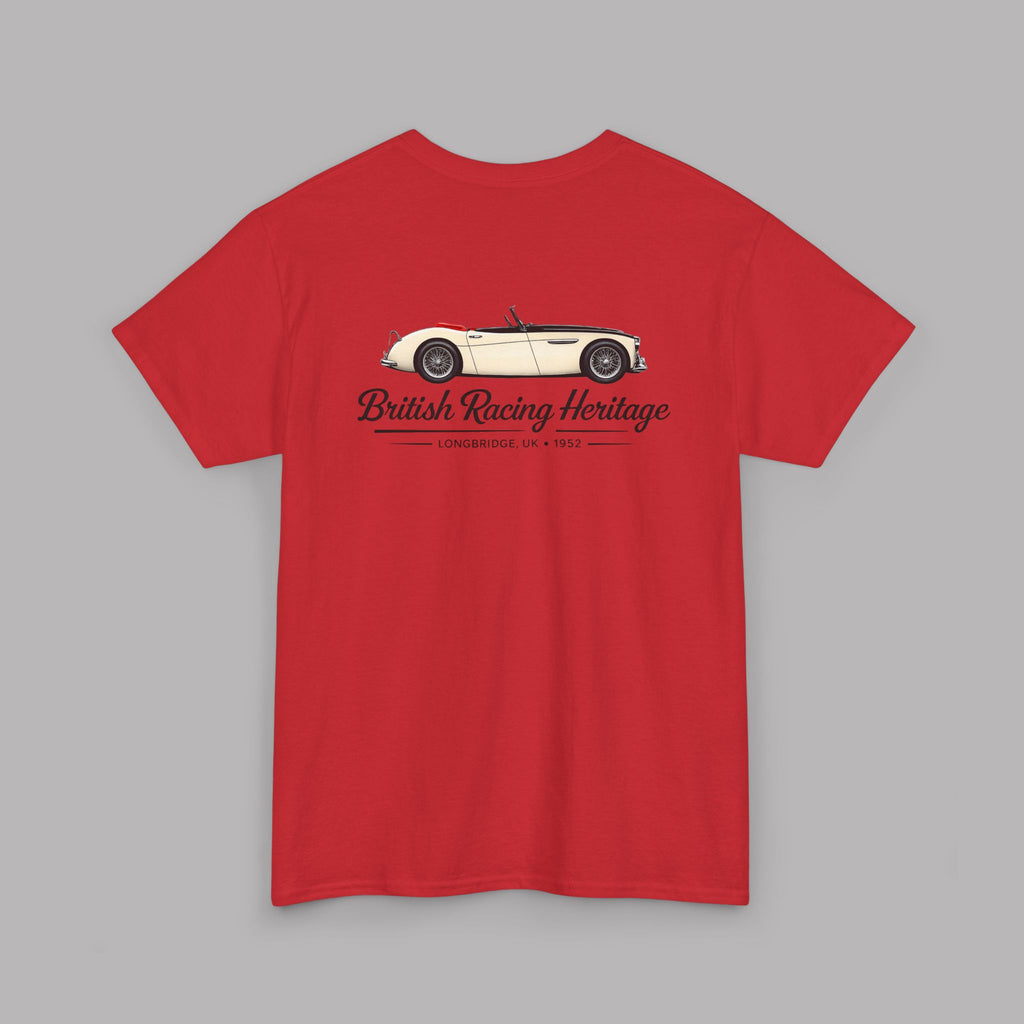 Back of a red t-shirt with a Healey classic car graphic design on a gray background