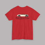 Back of a red t-shirt with a Healey classic car graphic design on a gray background