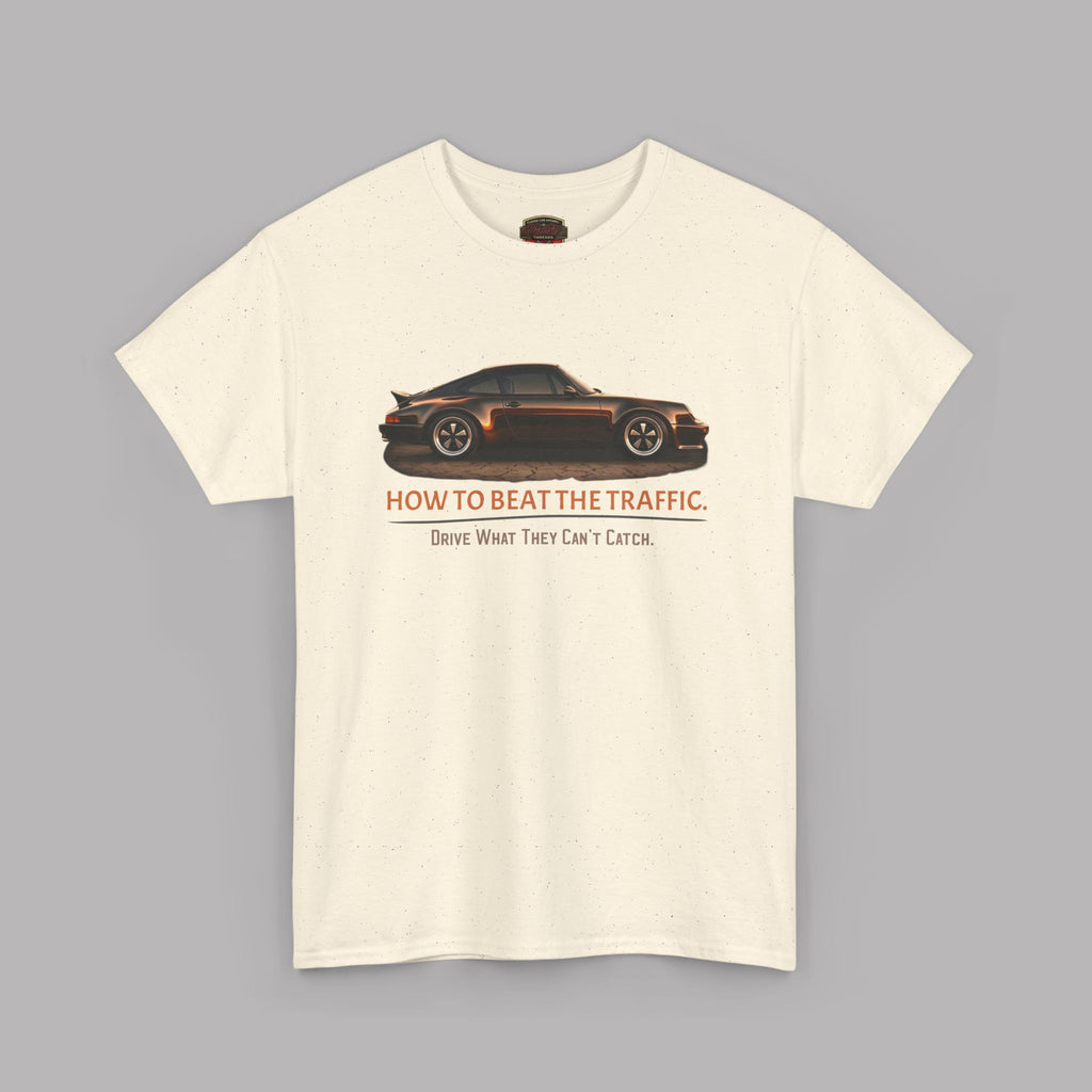 Natural t-shirt with a car graphic and text on a gray background