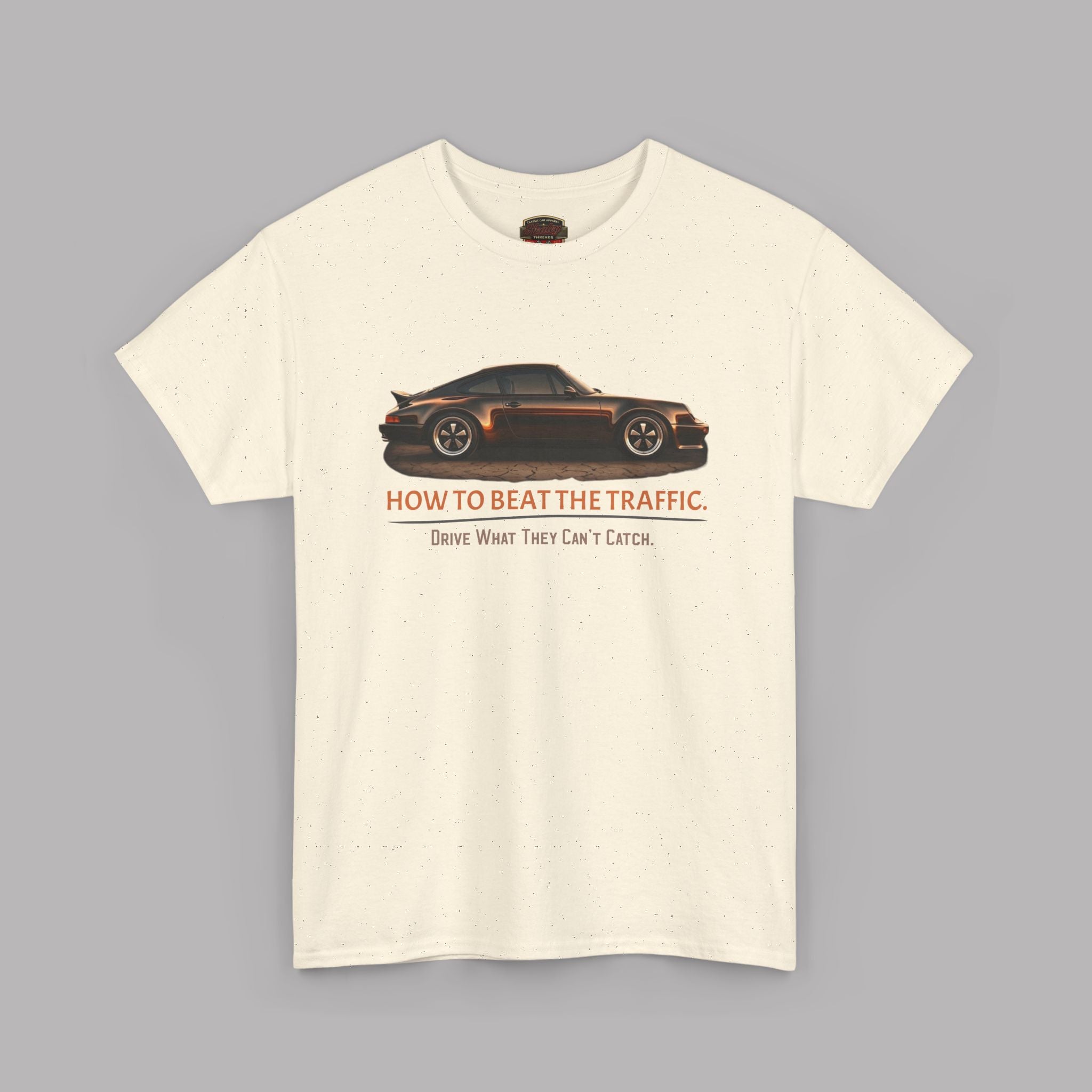 Natural t-shirt with a car graphic and text on a gray background