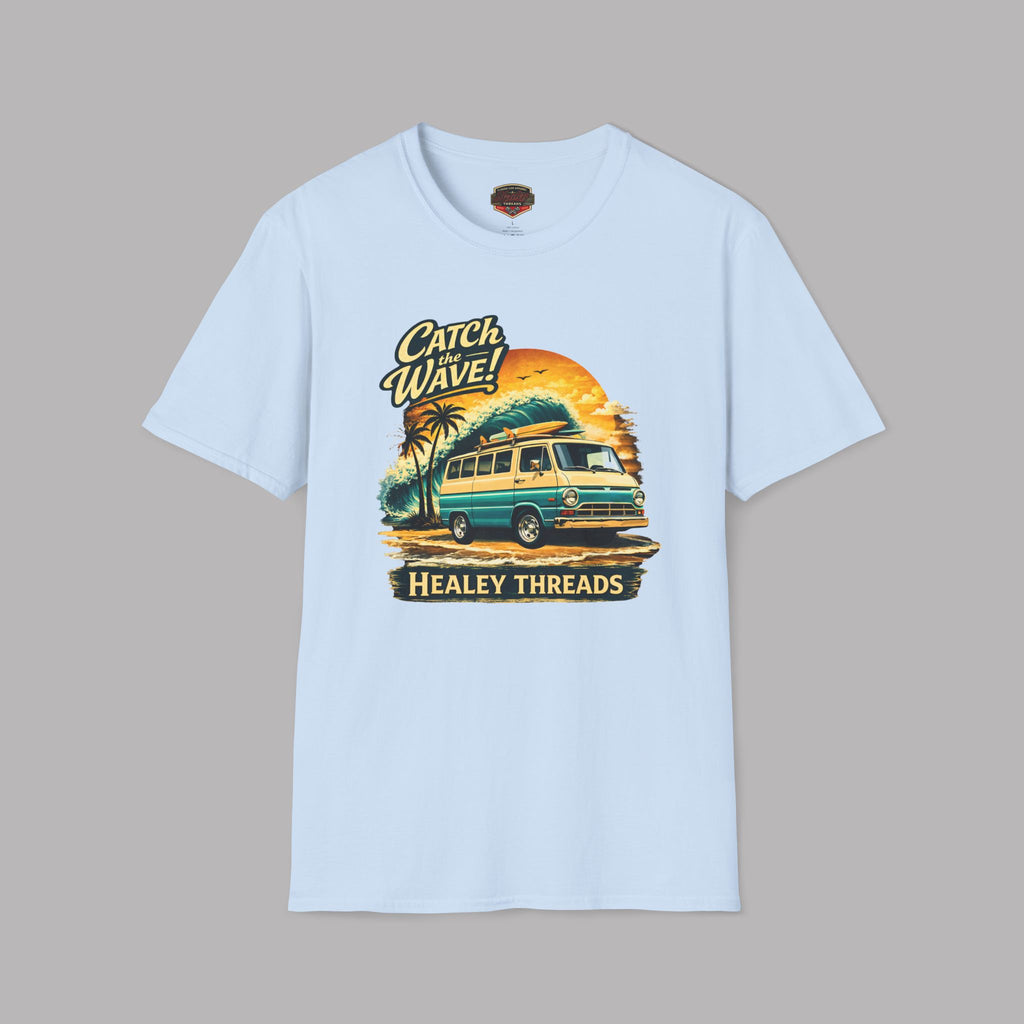 Light blue t-shirt with a graphic design of a van and palm trees on a gray background
