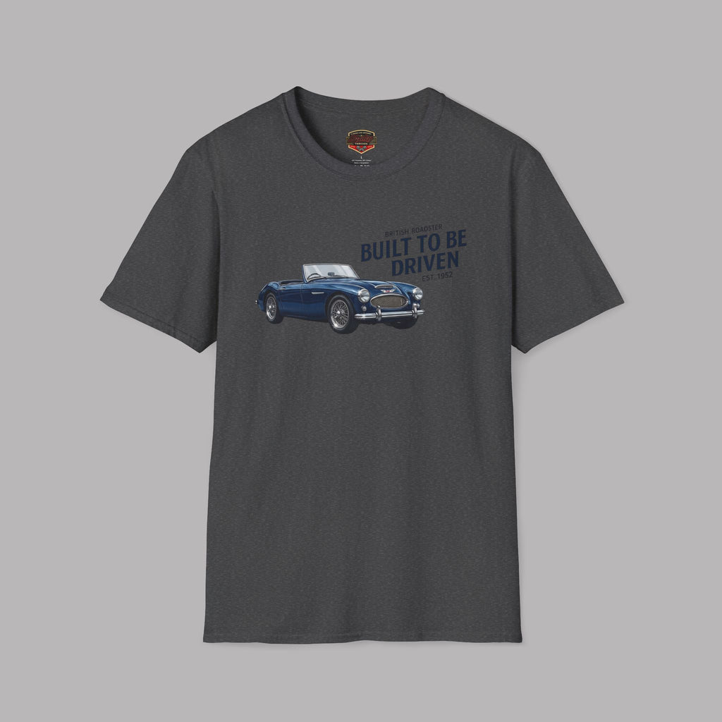 Dark Heather t-shirt with a Healey car graphic and text on a gray background