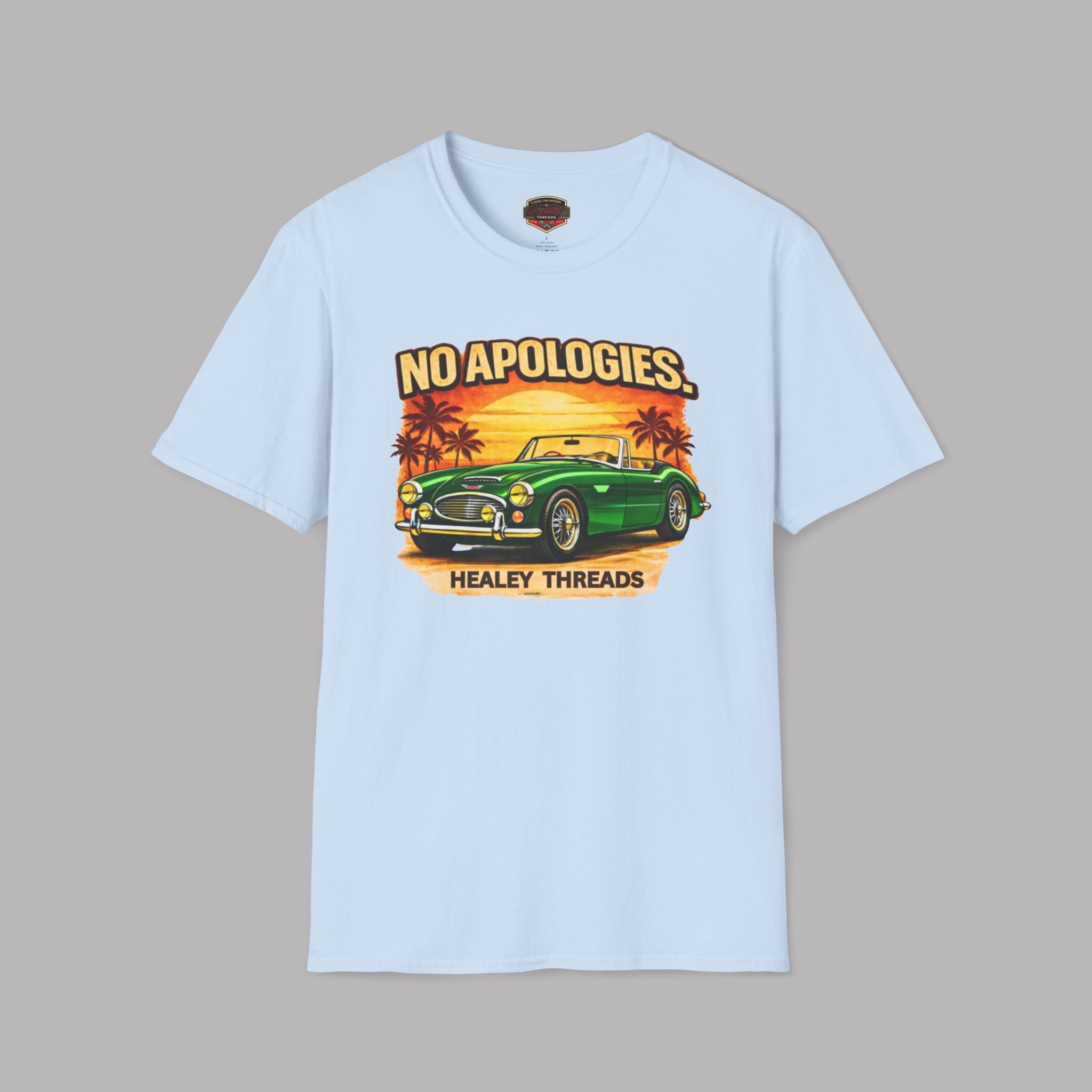 Light blue t-shirt with a graphic of a green Healey car and palm trees on a gray background