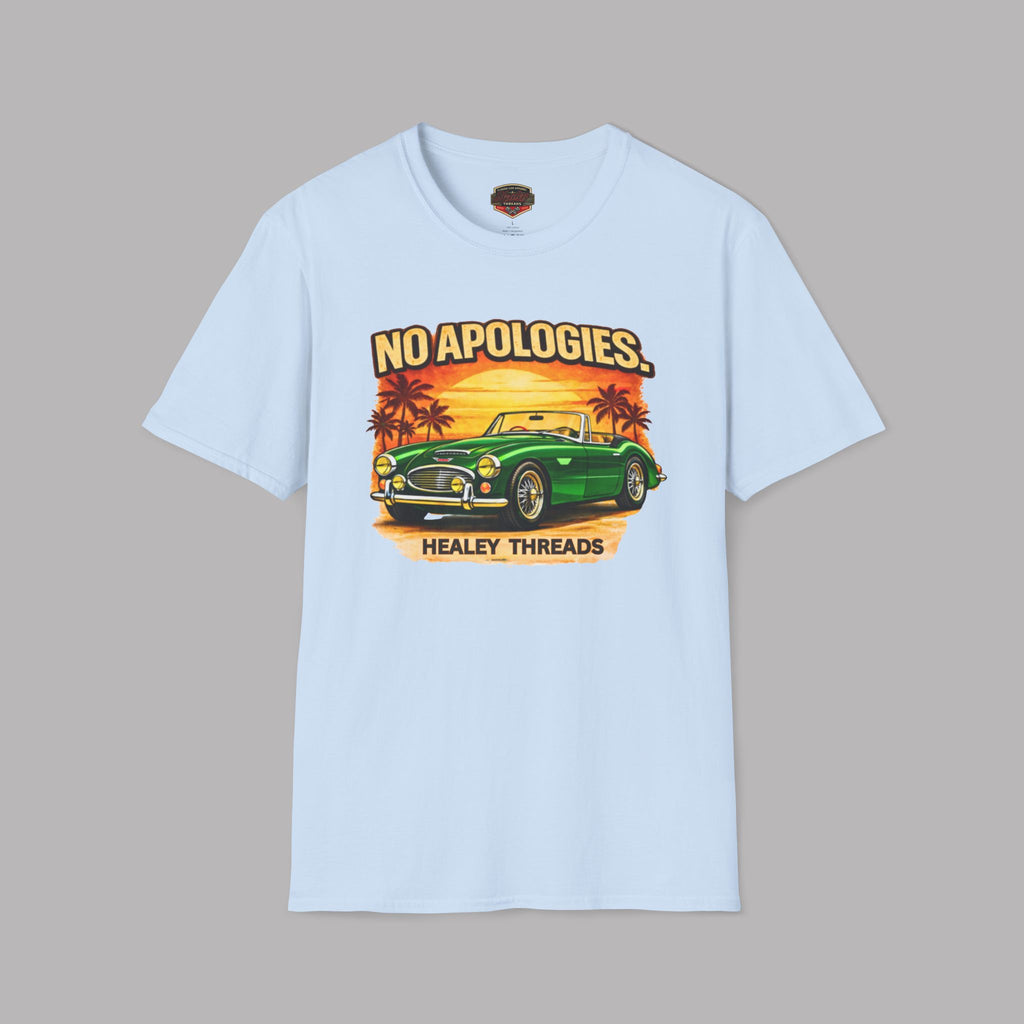 Light blue t-shirt with a graphic of a classic car and 'No Apologies' text on a gray background