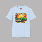 Light blue t-shirt with a graphic of a classic car and 'No Apologies' text on a gray background