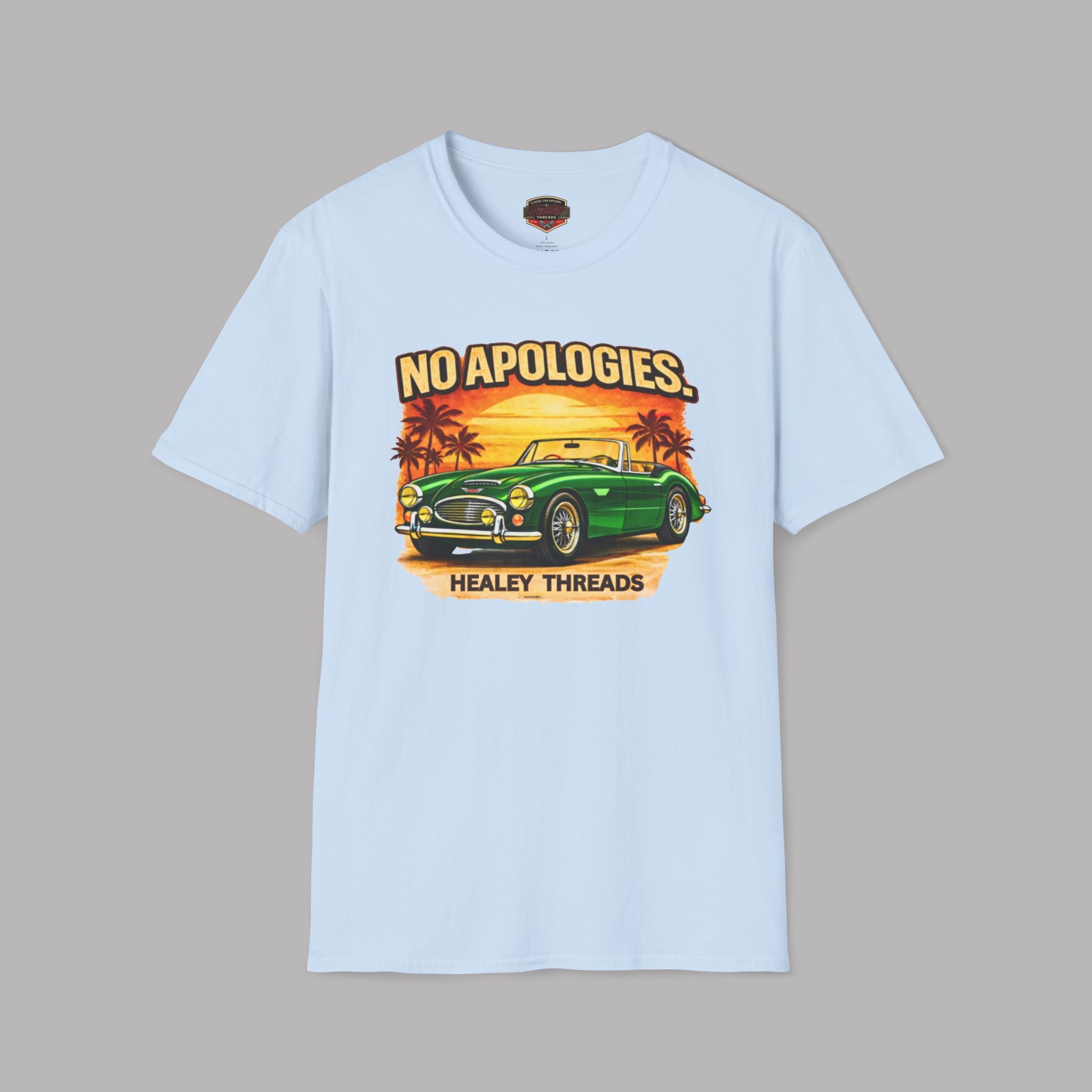 Light blue t-shirt with a graphic of a classic car and 'No Apologies' text on a gray background