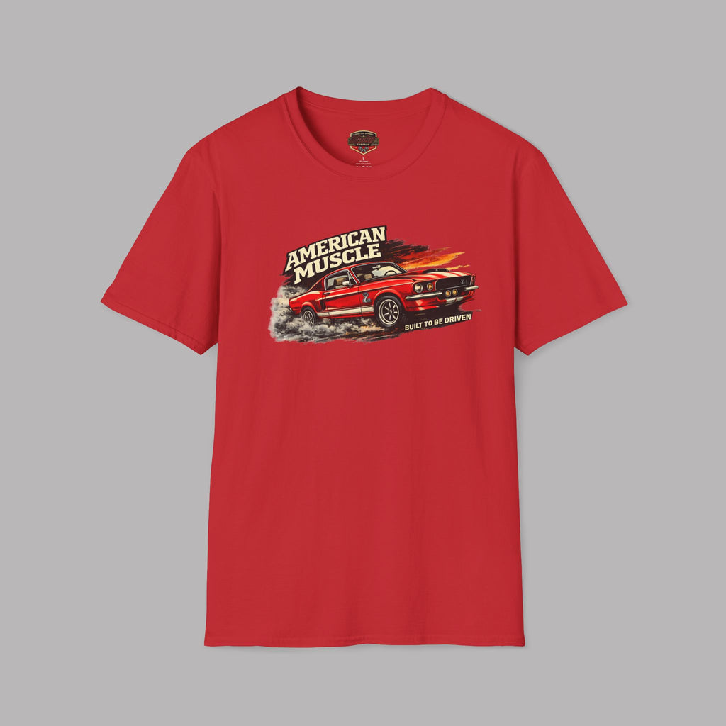 Red t-shirt with a graphic of a car and 'American Muscle' text on a gray background