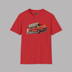 Red t-shirt with a graphic of a car and 'American Muscle' text on a gray background