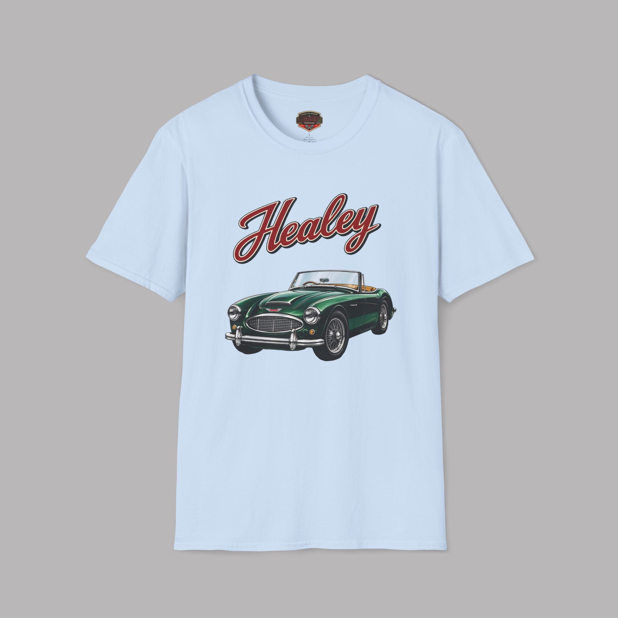 Light blue t-shirt with a green classic car graphic and 'Healey' text on a gray background