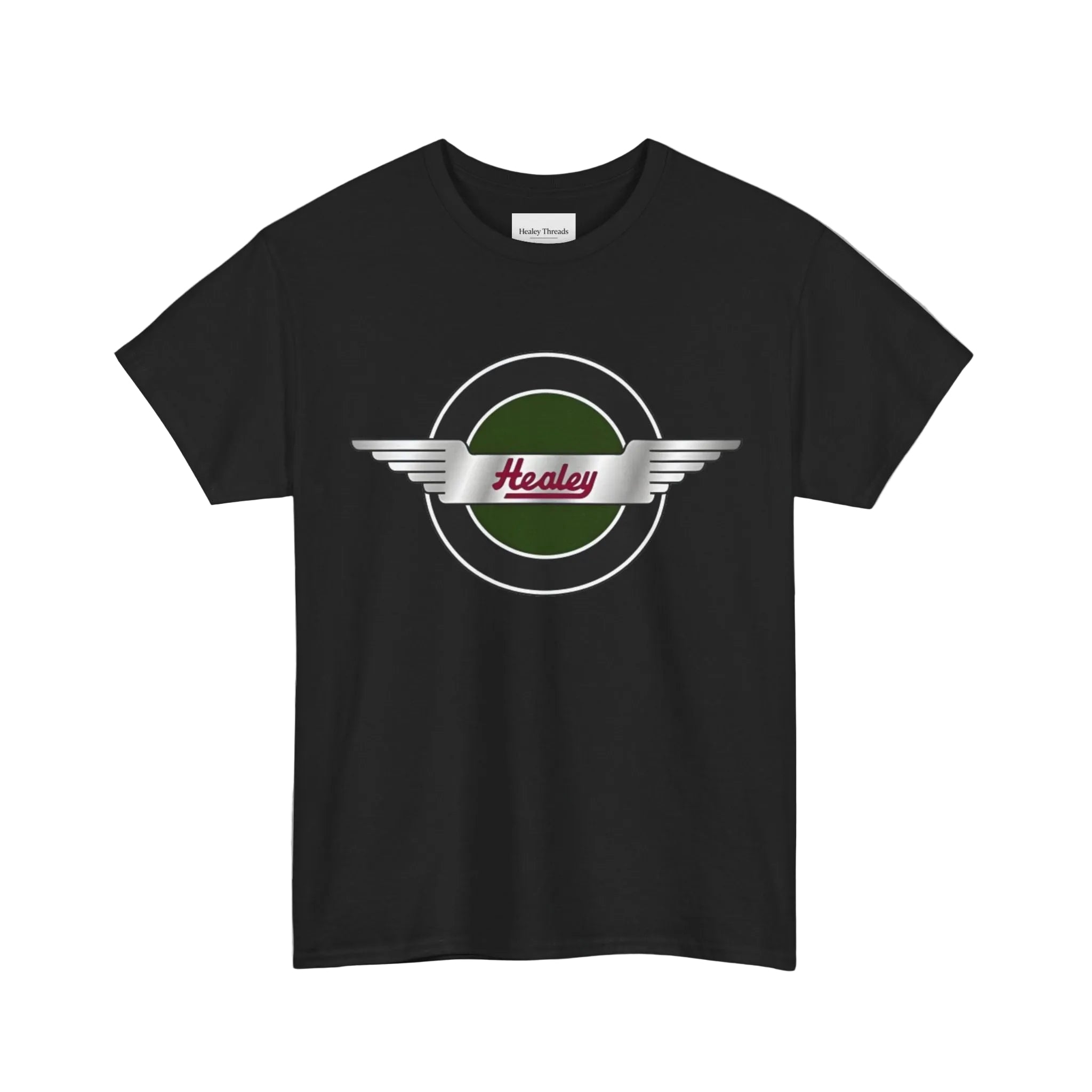 Black t-shirt with a Healey logo on a white background