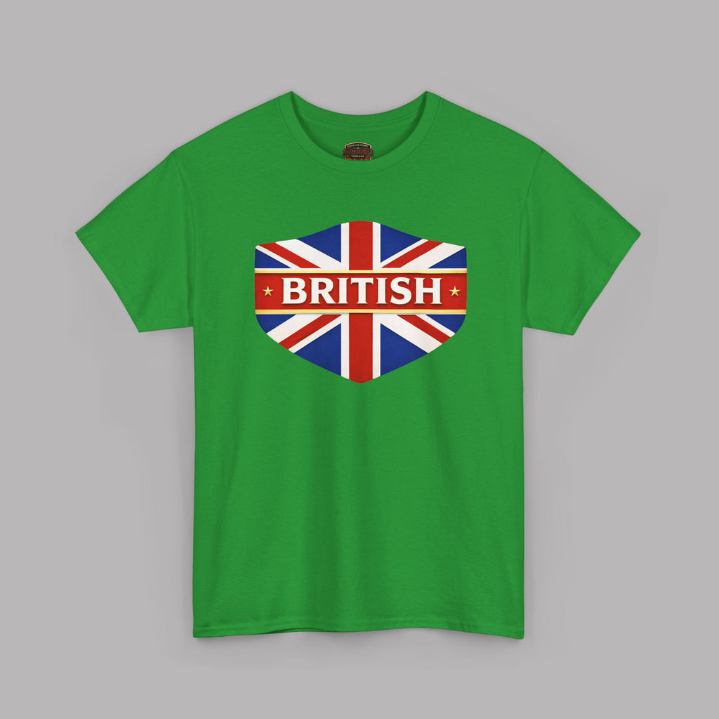 Irish green t-shirt with British flag design on a gray background