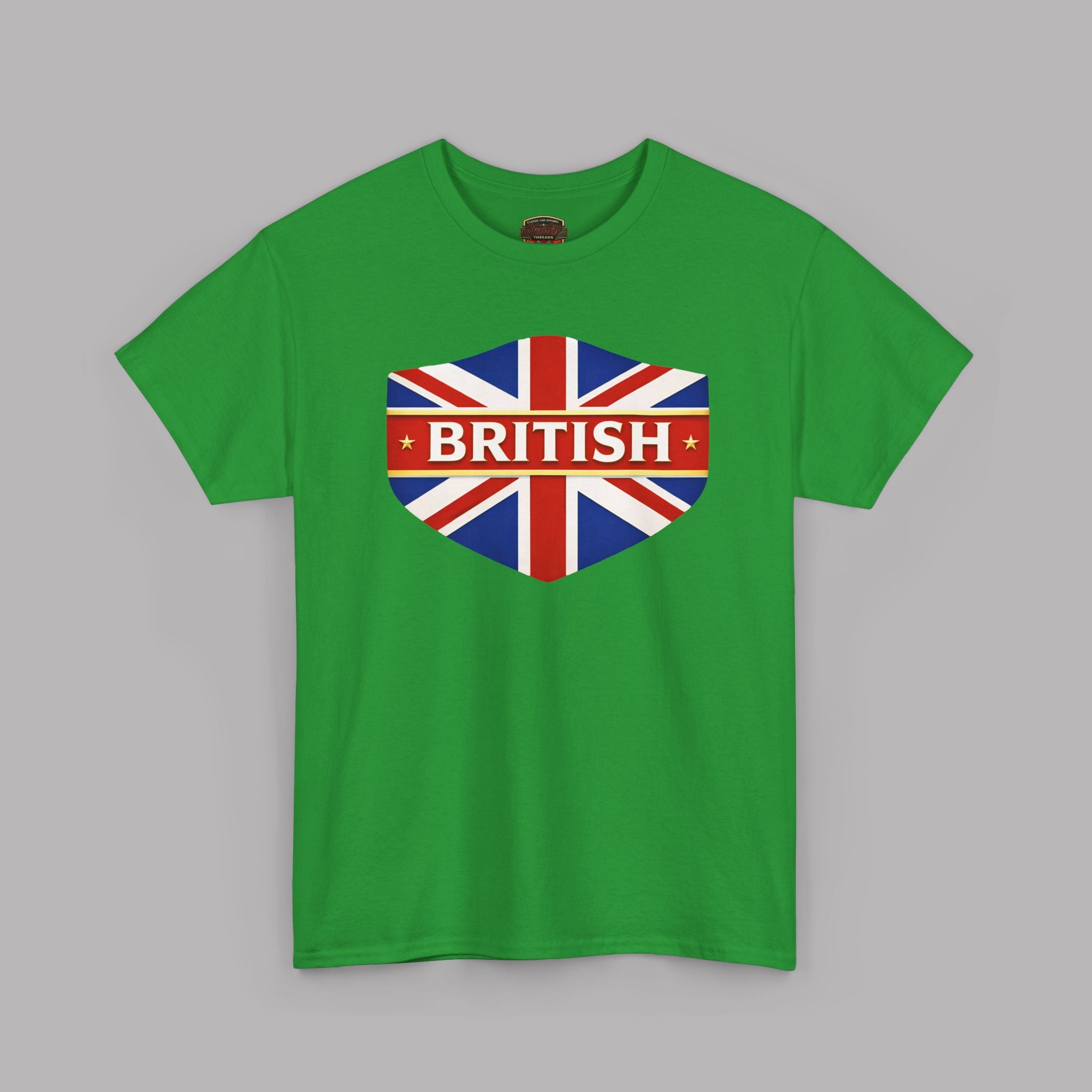 Irish green t-shirt with British flag design on a gray background