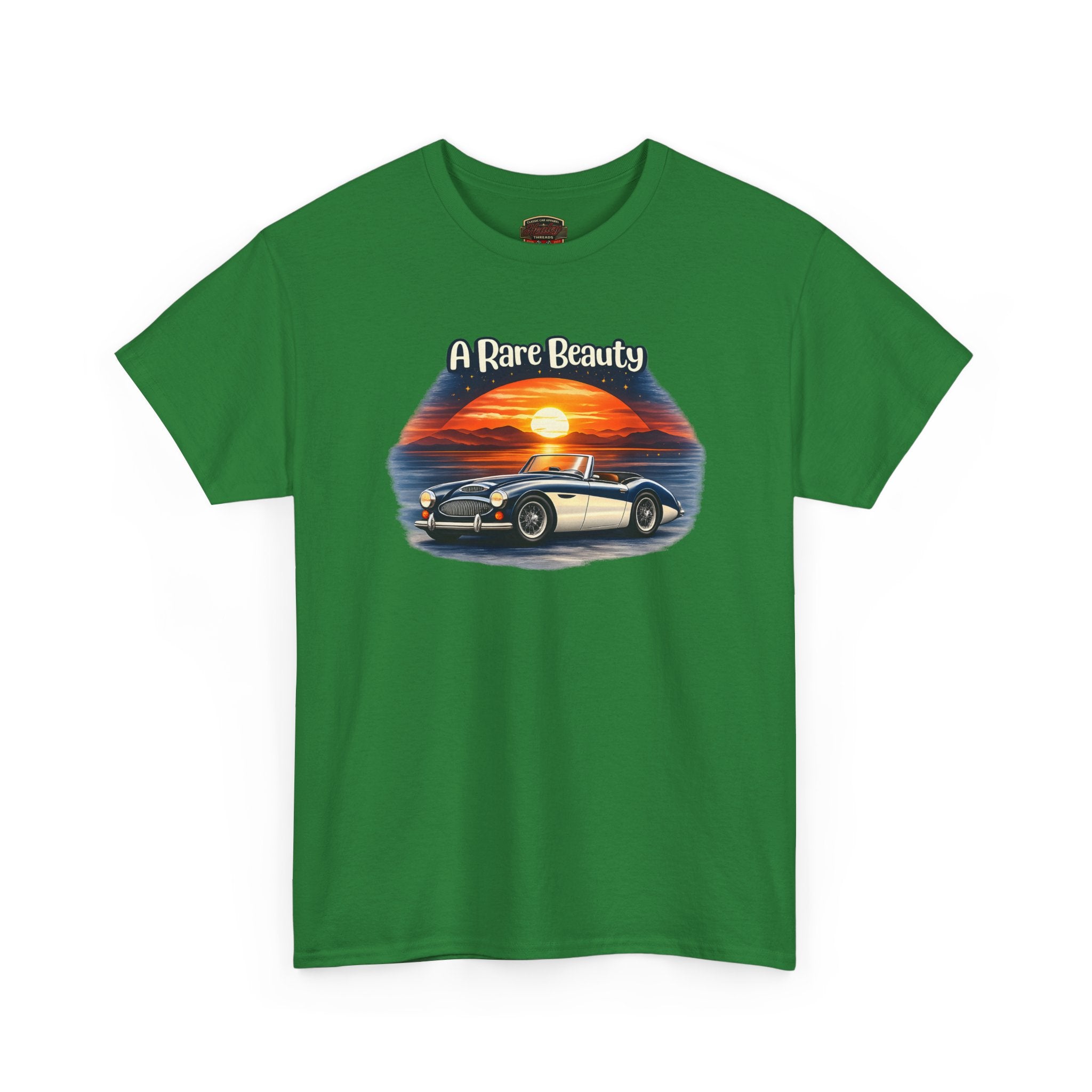 Turf green t-shirt with a graphic of a car and sunset, labeled 'A Rare Beauty', on a white background.