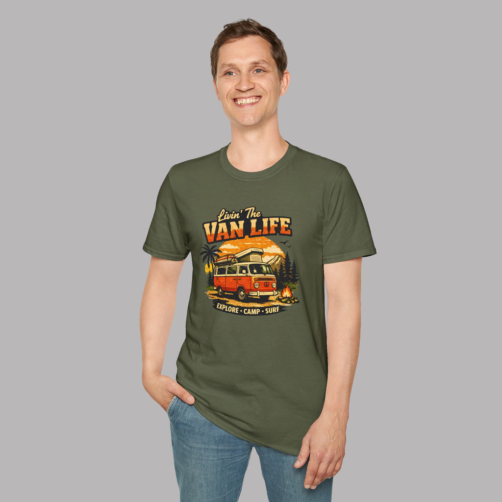 Man wearing a military green t-shirt with 'Van Life' graphic design on a gray background