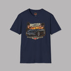 Navy blue t-shirt with a vintage car graphic and 'British Roadster' text on a gray background