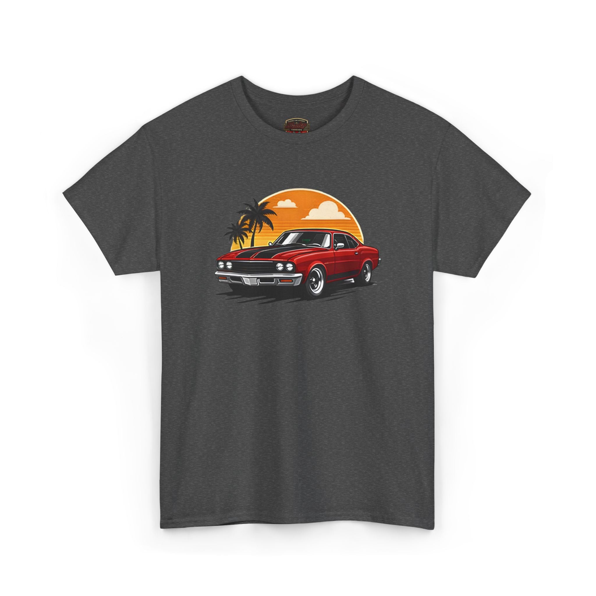 Heather gray t-shirt with a red car and sunset graphic on a white background.